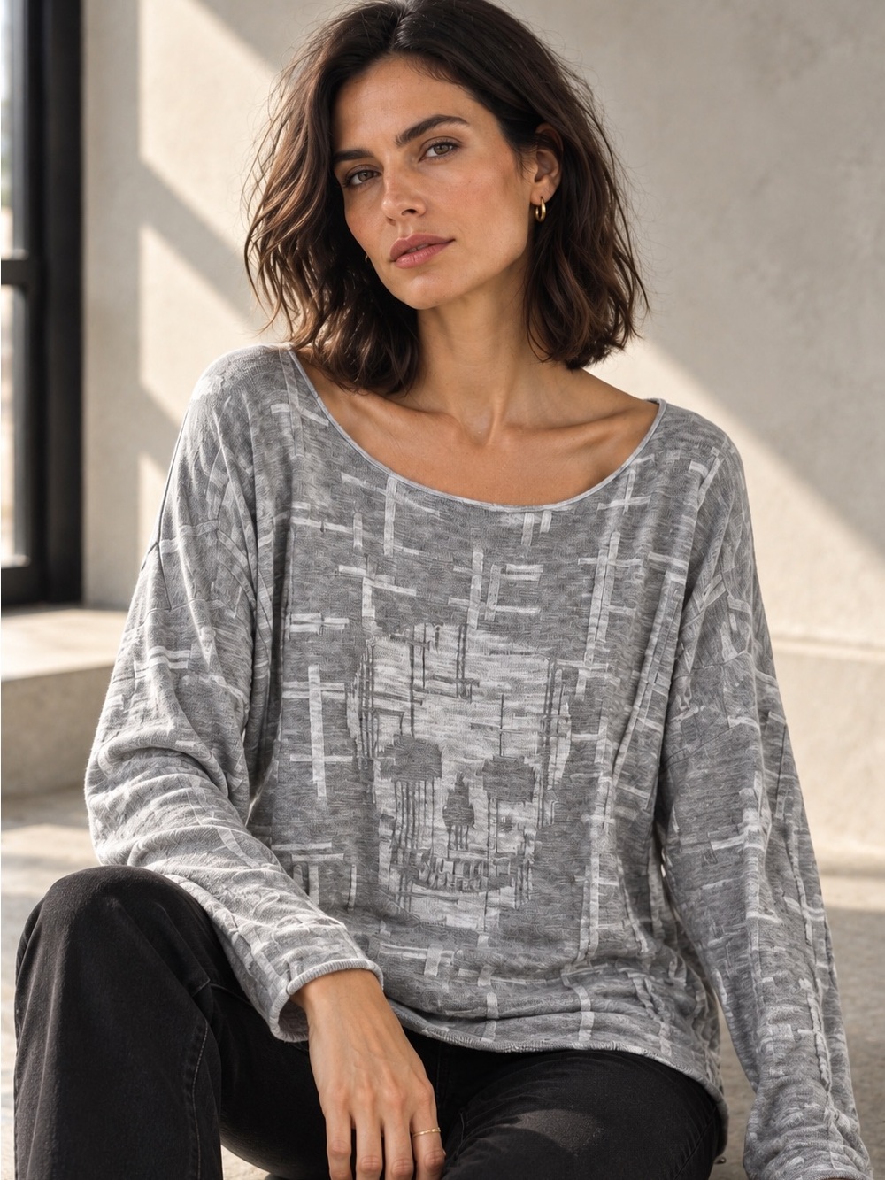 Skull Cashmere Lilith Skull Sweater 100% Cotton Gray Relaxed Knit Large
